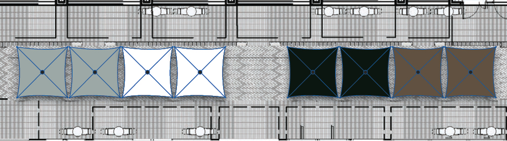 Layout of the Steam Milla Lane Umbrellas showing umbrella colours