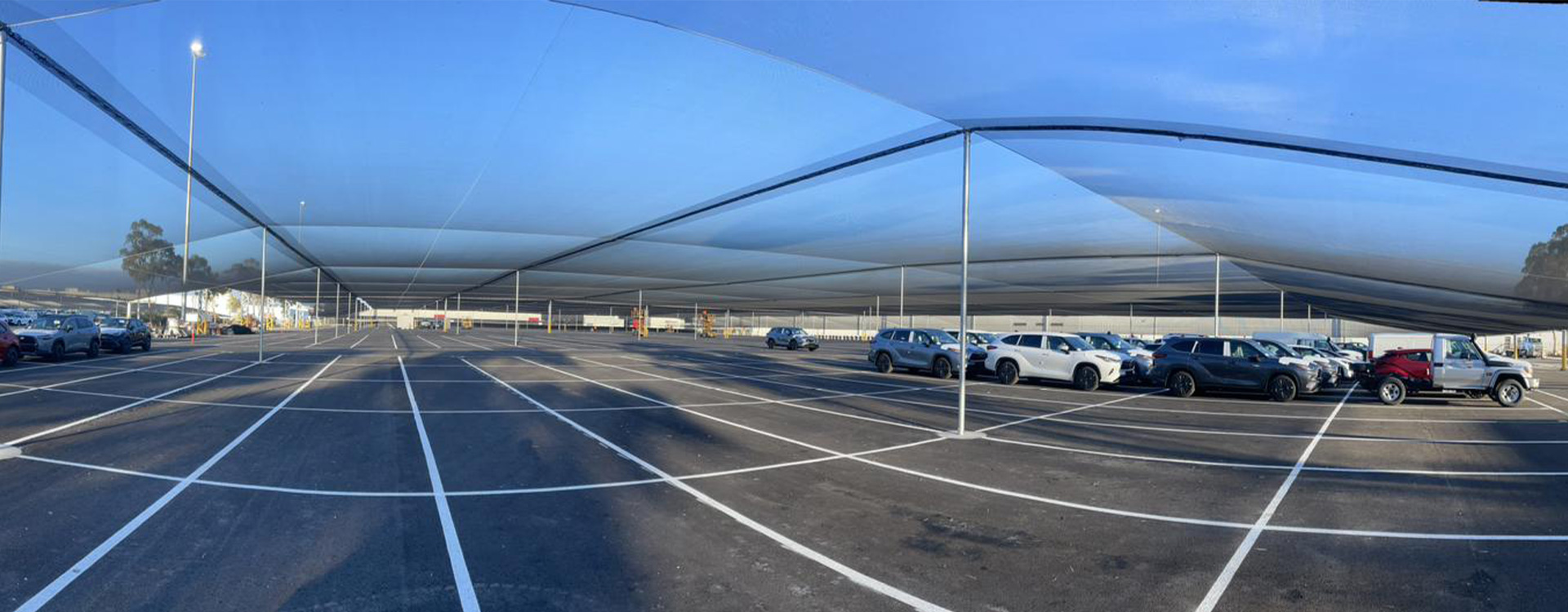 A TensoNet Hail Net Protection system designed for protecting vehicle inventory