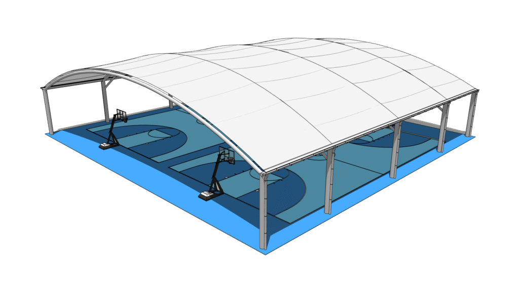 A 3D view of a TensoSport - Sports Court Cover. A basketball Court Roof.