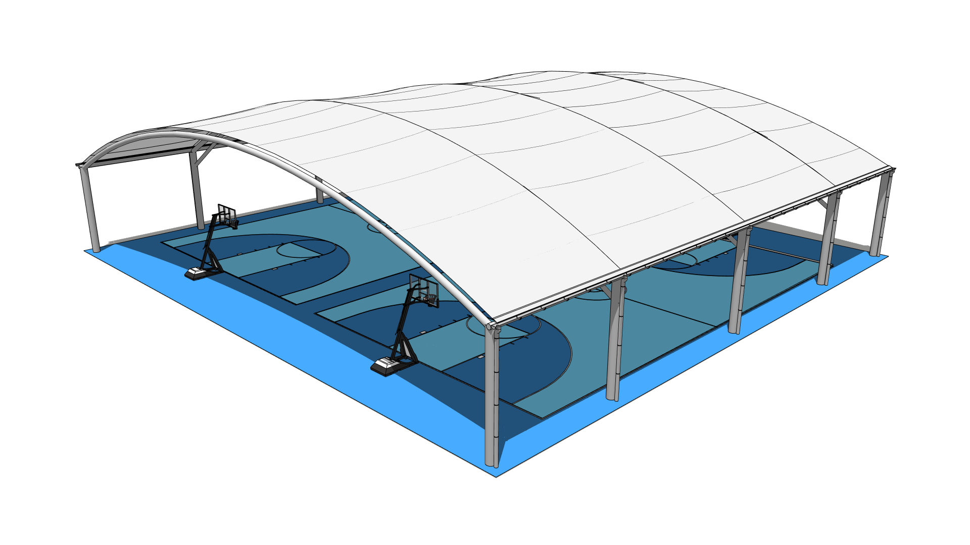 A 3D view of a TensoSport - Sports Court Cover. A basketball Court Roof.